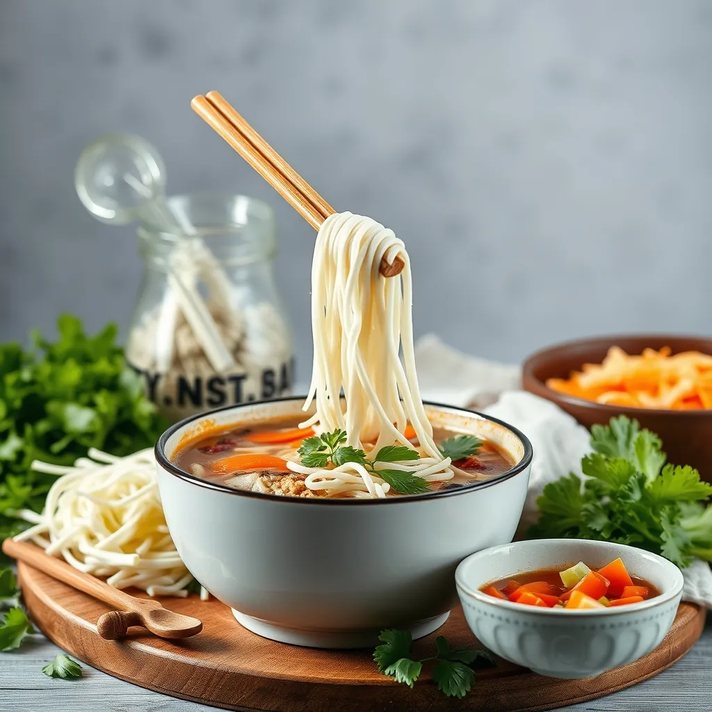 A variety of pho ingredients including gluten-free noodles and vegetarian options Variety pho ingredients