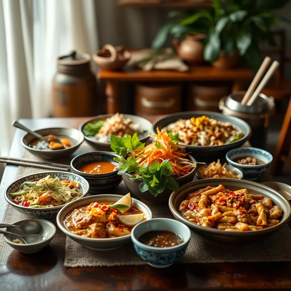 Nhiều món ăn truyền thống Việt Nam được bày biện đẹp mắt trên bàn Variety traditional vietnamese