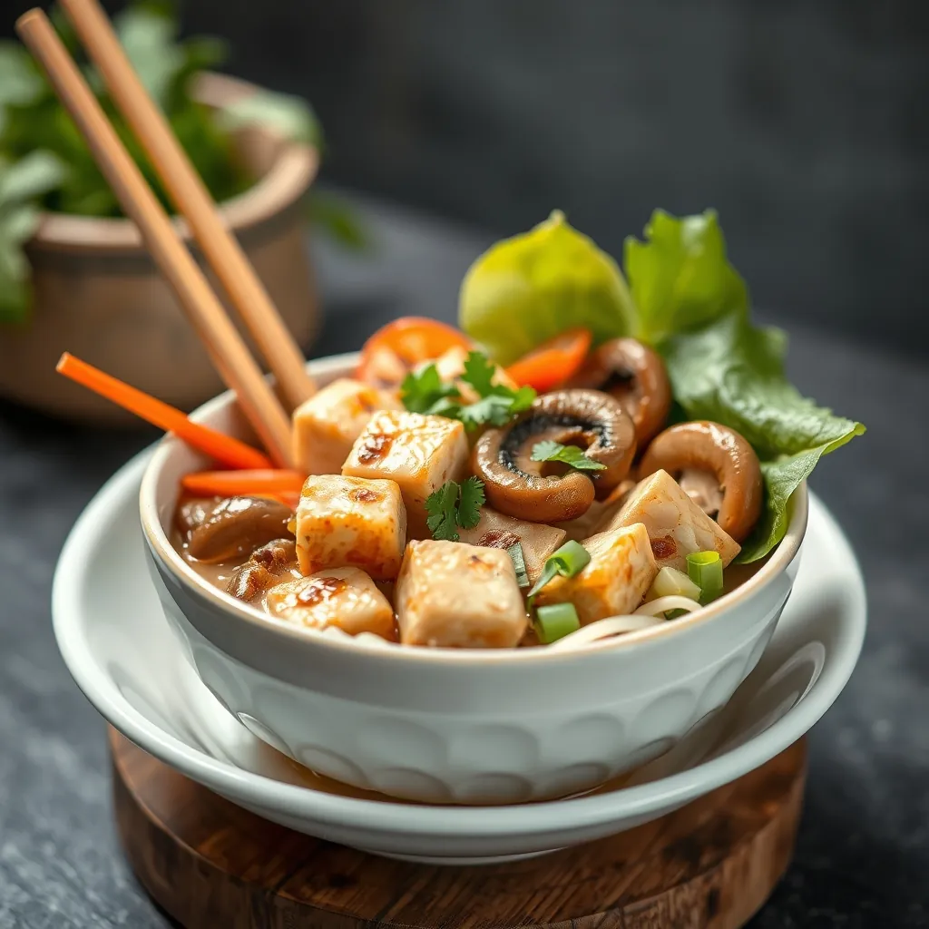 Tô bún mắm nêm chay với đậu hũ, nấm và rau sống tươi mát Vegan bowl bun