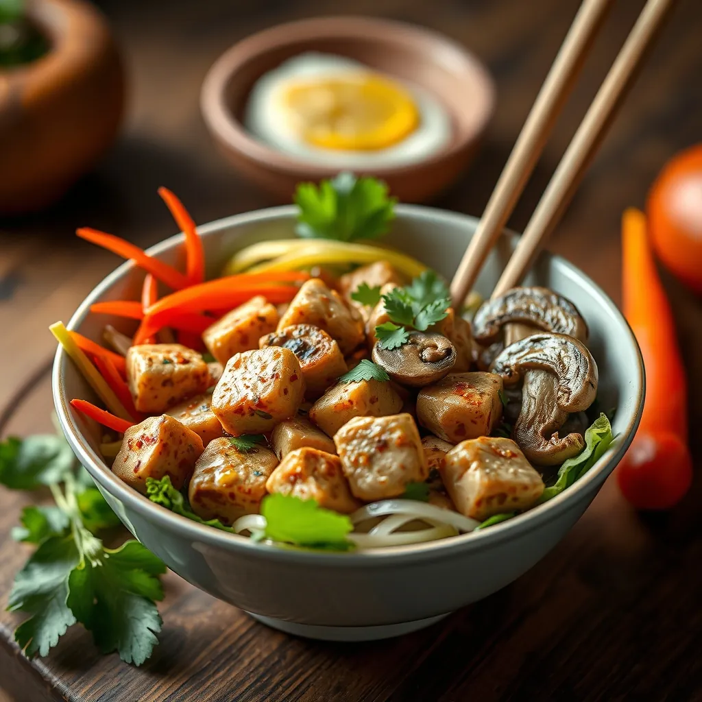 Tô bún mắm nêm chay với đậu hũ, nấm và rau sống tươi mát Vegan bowl bun