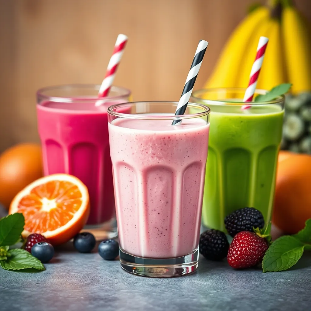 Vibrant assortment of healthy smoothies in various colors, showcasing ingredients like spinach, berries, and protein powder.