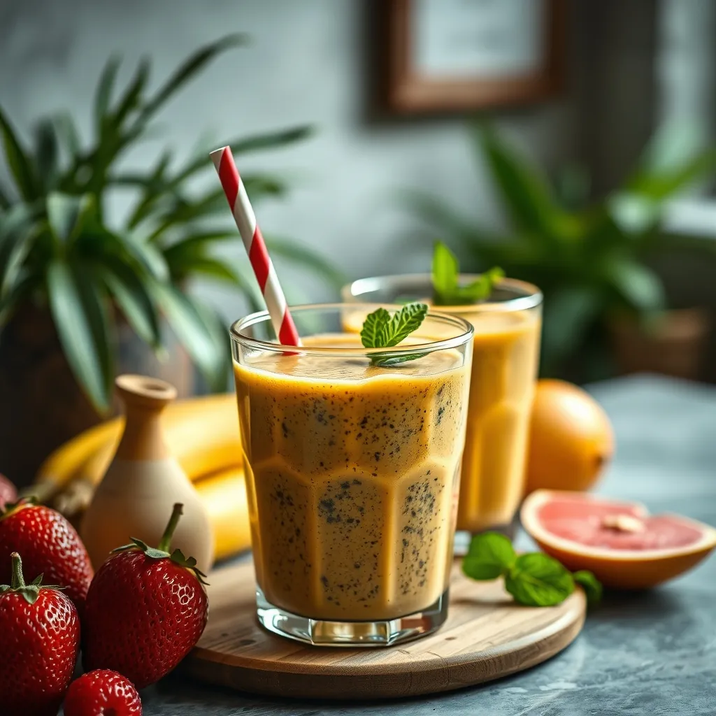 Vibrant breakfast table featuring smoothies alongside healthy bowls of oatmeal and fruits.