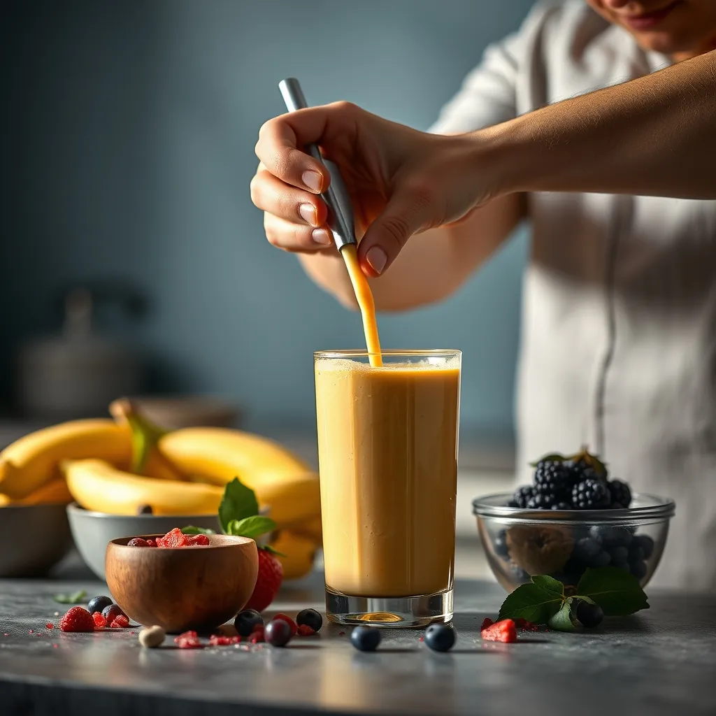 Vibrant kitchen scene with fresh ingredients and a blender ready for smoothie-making.