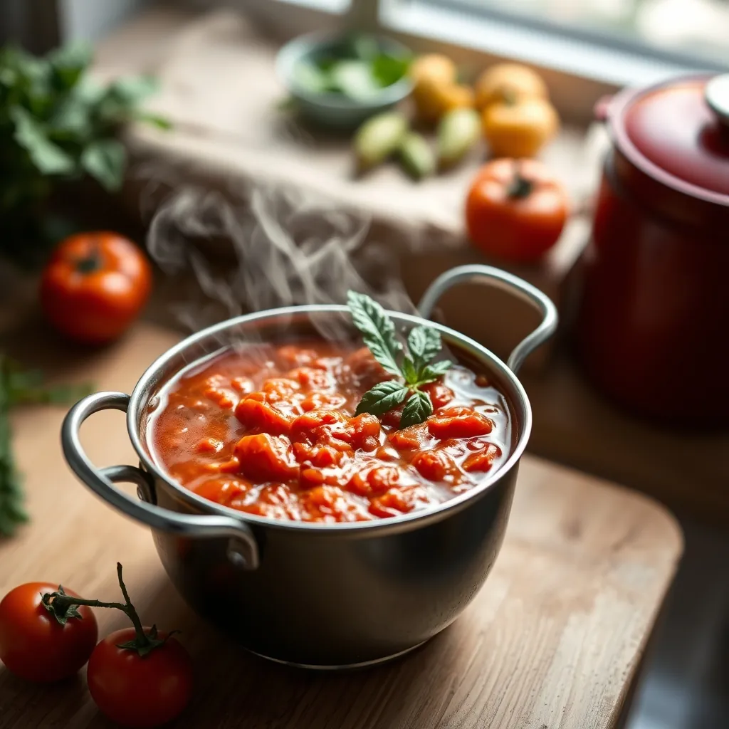 Vibrant pot filled with rich, simmering tomato sauce, showcasing the freshness of ingredients like basil and garlic. Vibrant pot filled with rich, simmering tomato sauce, showcasing the freshness of ingredients like basil and garlic.