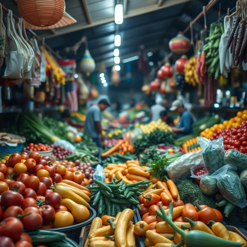 Một chợ Việt Nam sôi động với đầy đủ trái cây và rau củ màu sắc Vibrant vietnamese market