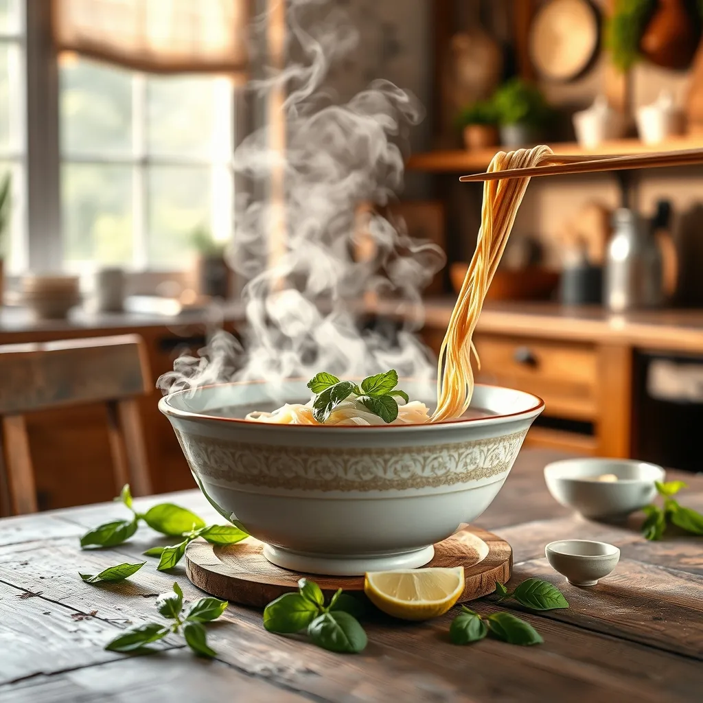 Steam rising from a large ceramic bowl of pho on a rustic wooden table, chopsticks lifting noodles, fresh basil leaves and lime wedges scattered around, a cozy kitchen setting with warm natural light Warm natural light