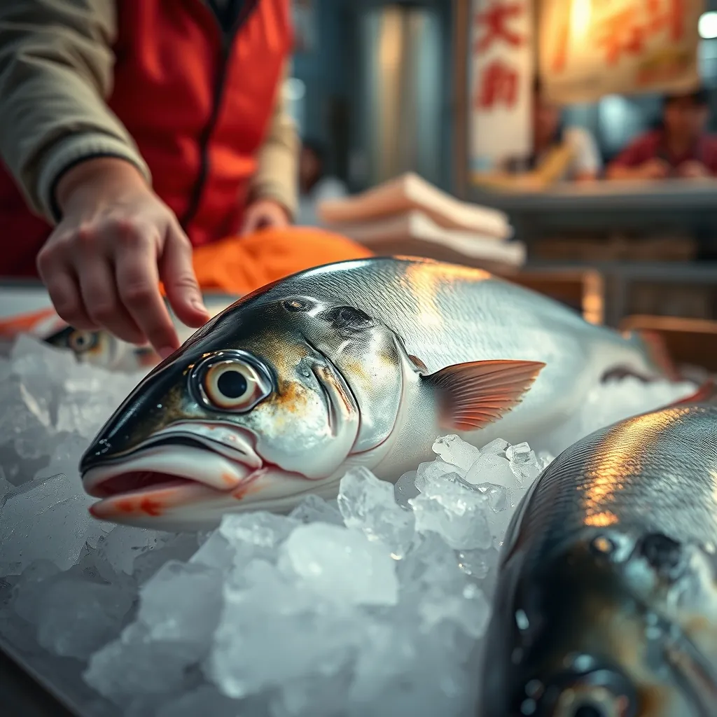 鮮魚店で氷の上に並ぶ新鮮な魚と、鮮度を確認する様子