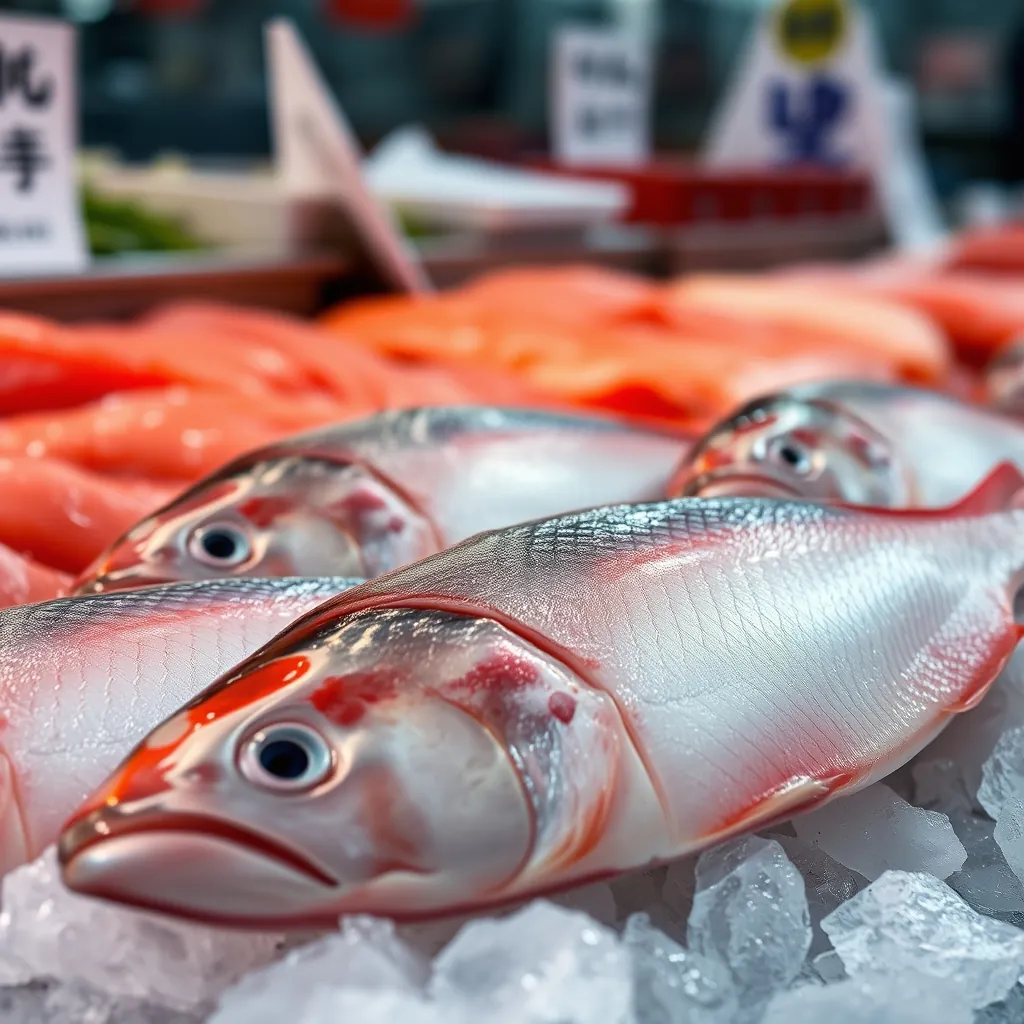鮮魚コーナーに並ぶ新鮮な魚の切り身。氷の上で輝くその身は、寿司の主役にふさわしい 鮮魚コーナーに並ぶ新鮮な魚の切り身。氷の上で輝くその身は、寿司の主役にふさわしい