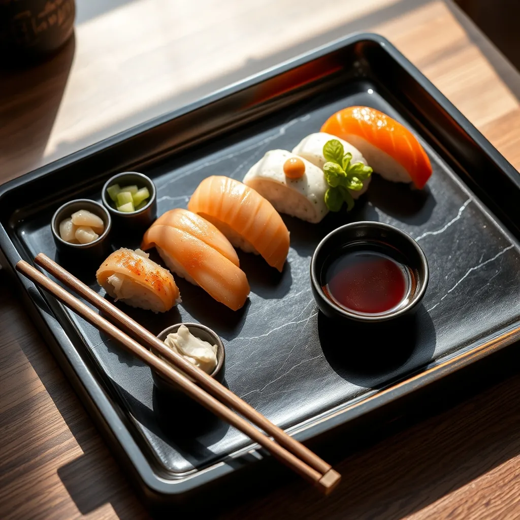 薬味と醤油を添えた本格的な寿司の盛り付け