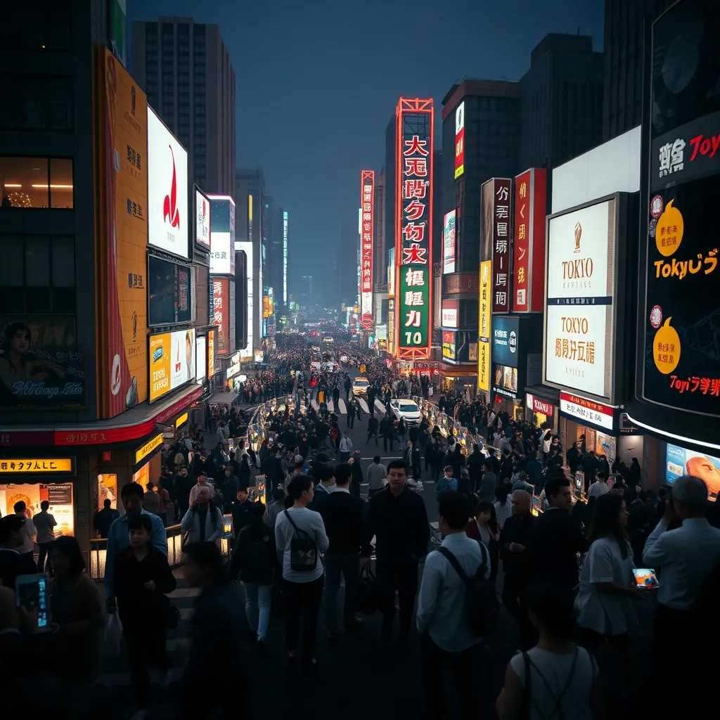 夜の渋谷スクランブル交差点。東京の活気を象徴する風景