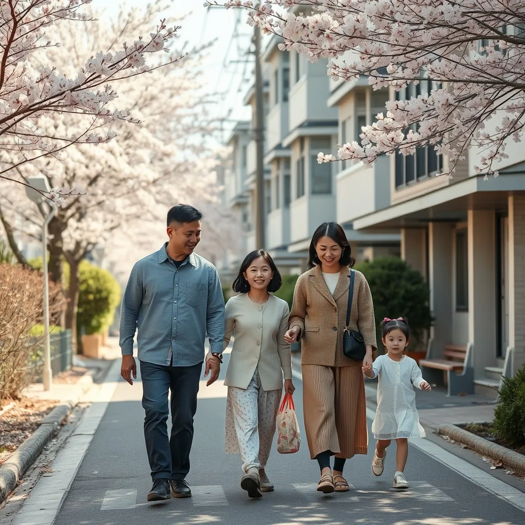 桜咲く安全な住宅街を歩く日本の家族
