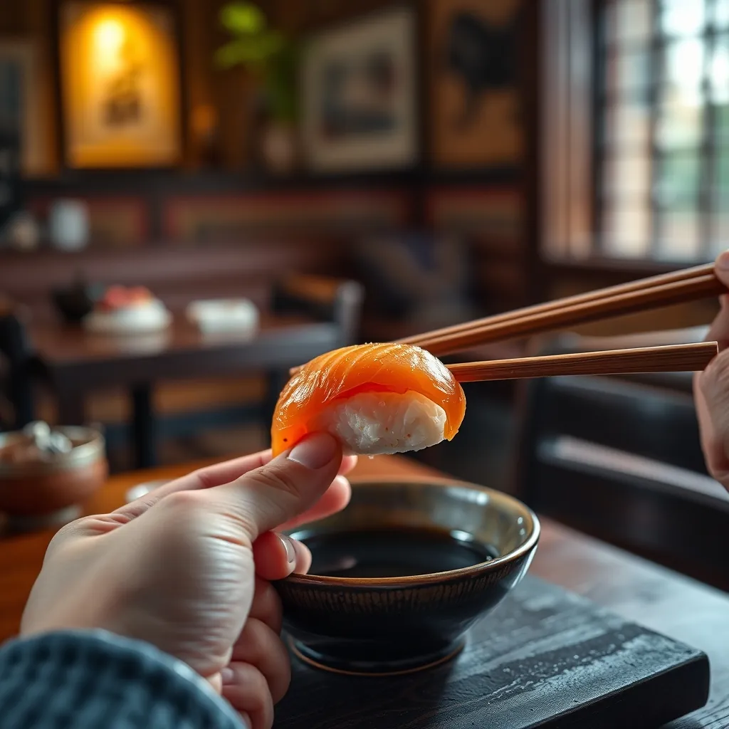 正しい寿司の食べ方を実践する様子