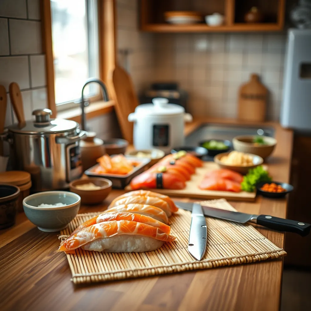 自宅での寿司作りに必要な道具と材料をすべて並べた準備風景