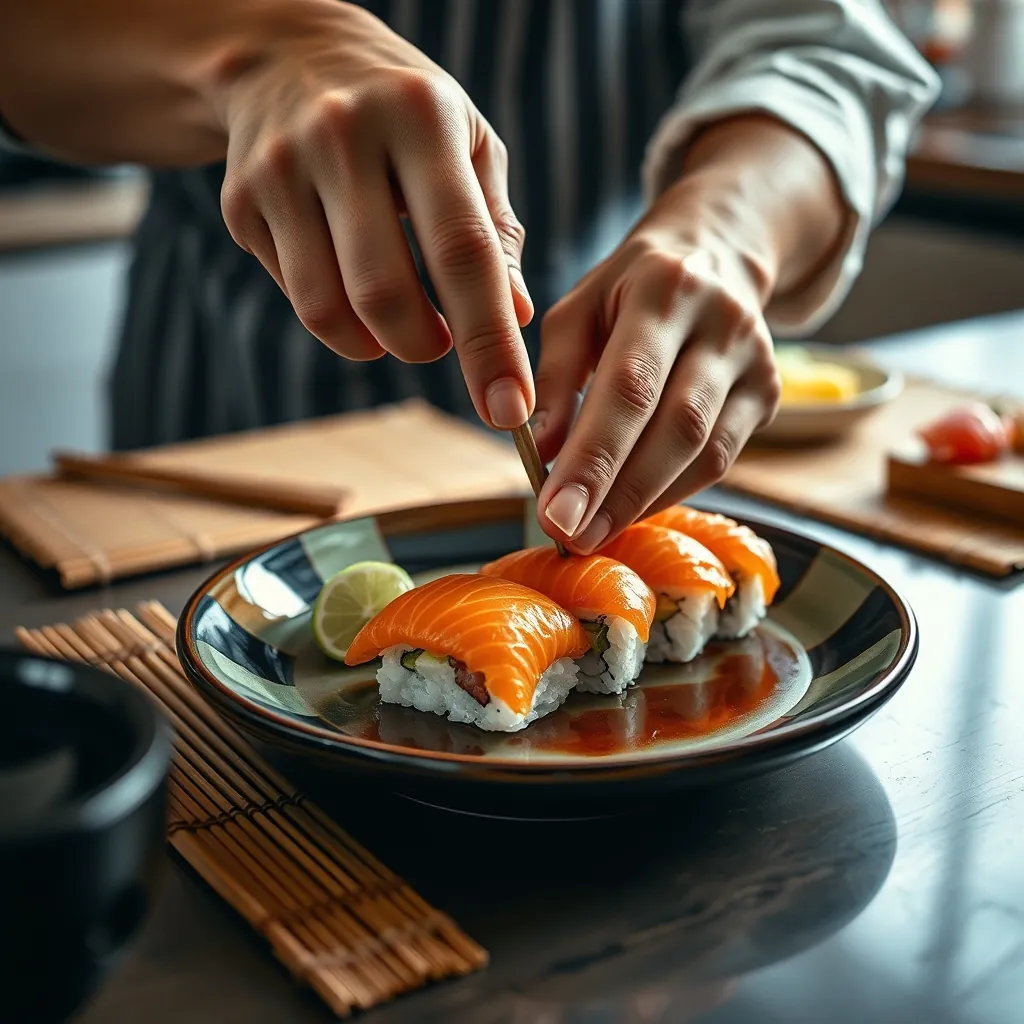 自宅で作った寿司を丁寧に盛り付ける様子