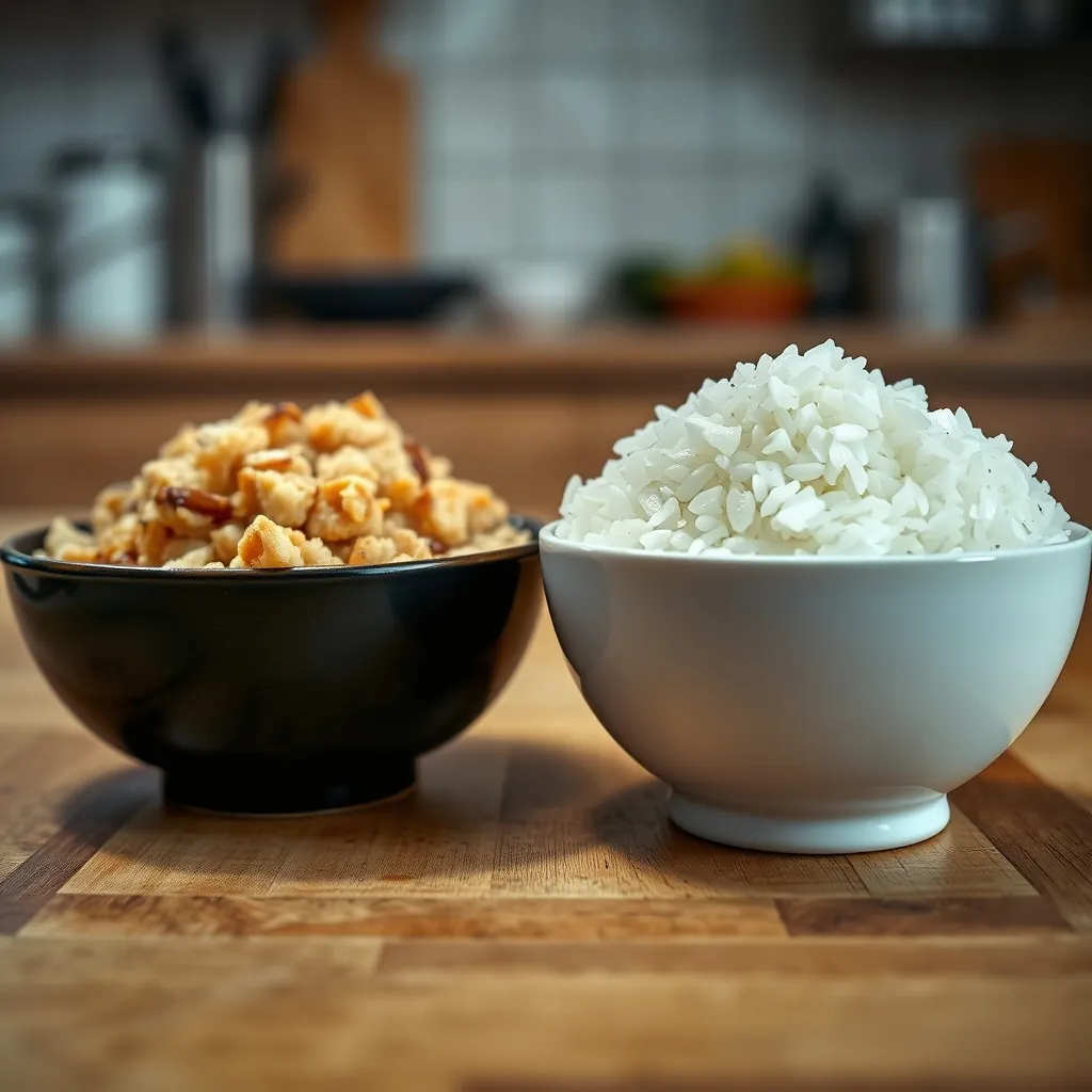 左が失敗例のべちゃべちゃな酢飯、右が成功例の粒立ちの良い酢飯