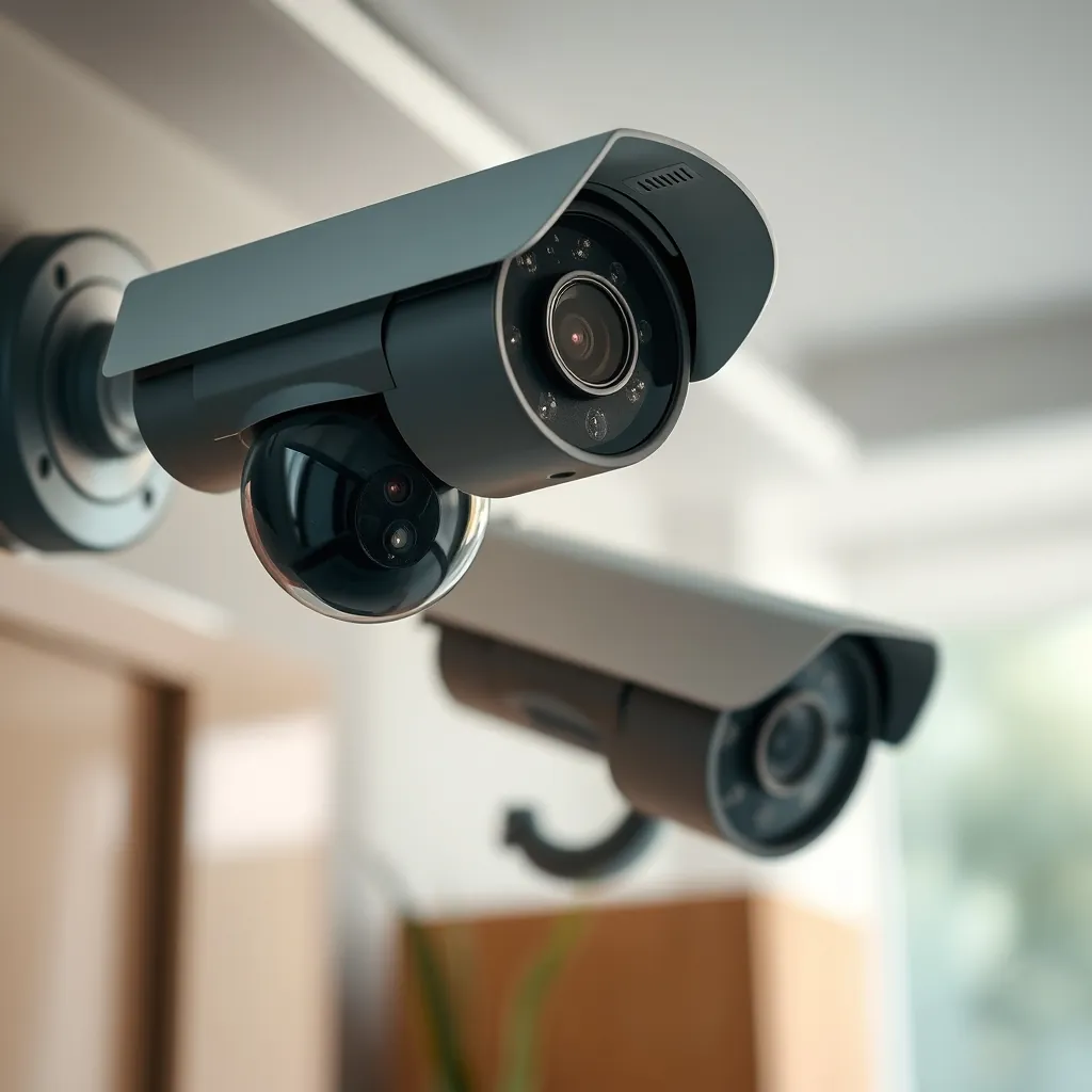 Variety of home security cameras monitoring different areas of a house Variety of home security cameras monitoring different areas of a house