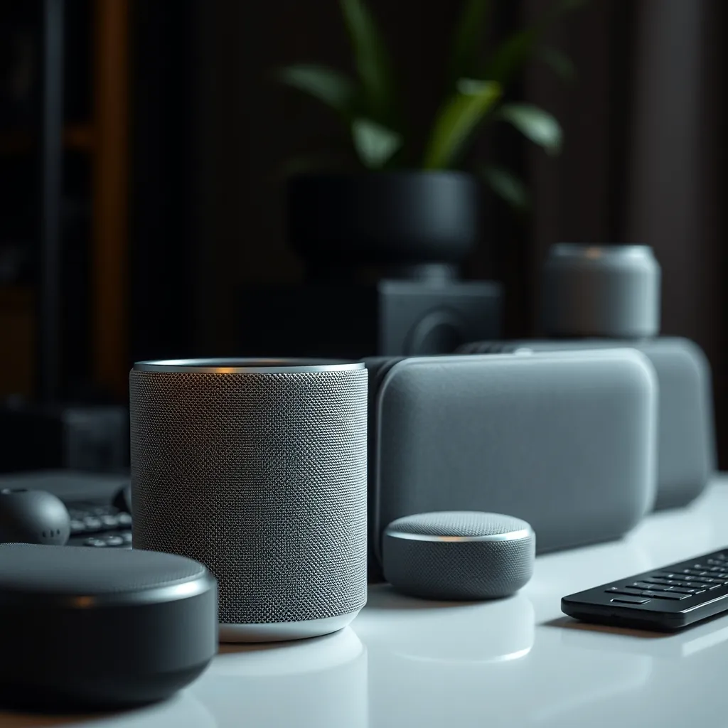 Variety of smart speakers showcasing their designs and features Variety of smart speakers showcasing their designs and features